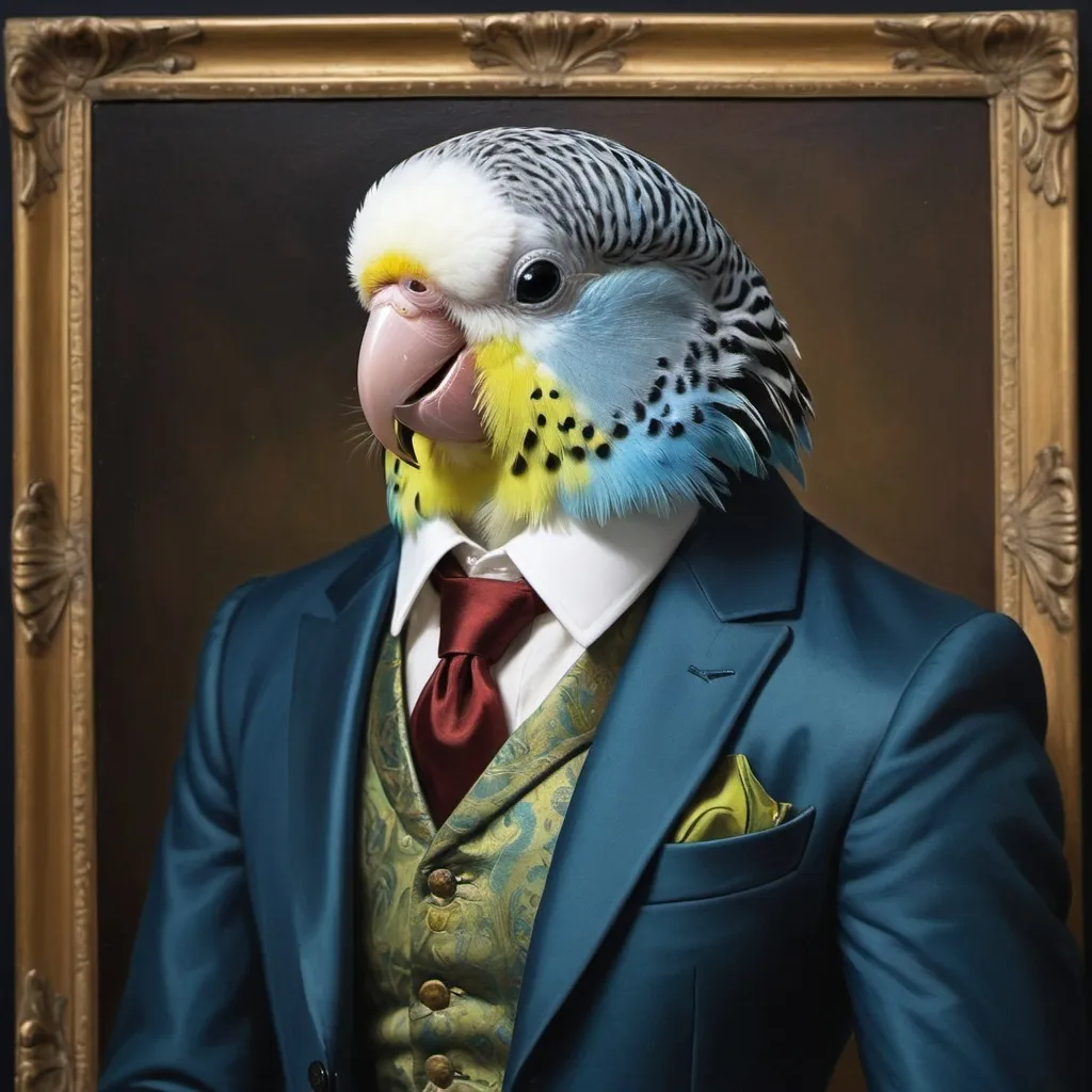 Prompt: 
Renaissance style painting of a budgie wearing a suit 
