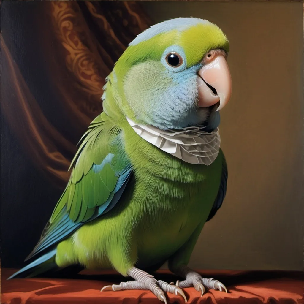 Prompt: 
Renaissance style painting of a green parrotlet forpus wearing an Elizabethan collar 
