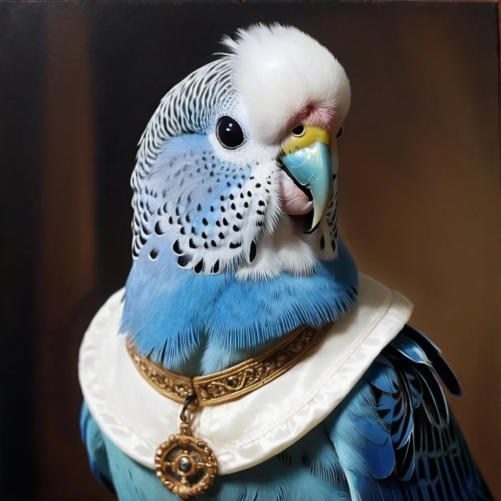 Prompt: 
Renaissance style painting of a blue budgie wearing an Elizabethan collar 
