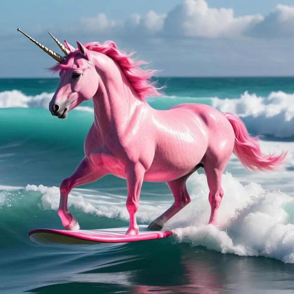 Prompt: A pink unicorn surfing on the ocean

