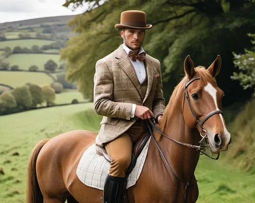 Prompt: A man with parrot head wearing a checked jacket, ascot, white button up shirt, and brown pants, while riding a brown horse through the English countryside

