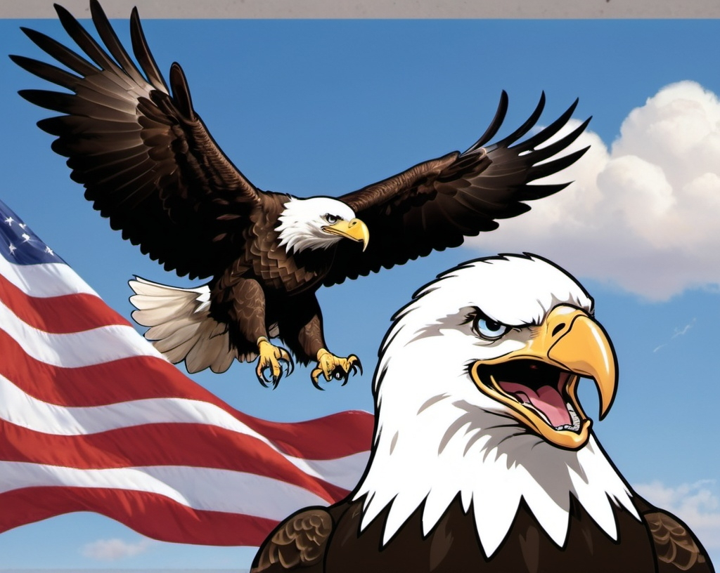 Prompt: An American bald eagle with an American flag in its talon, and the head of Donald Trump in the sky behind it, smiling 

