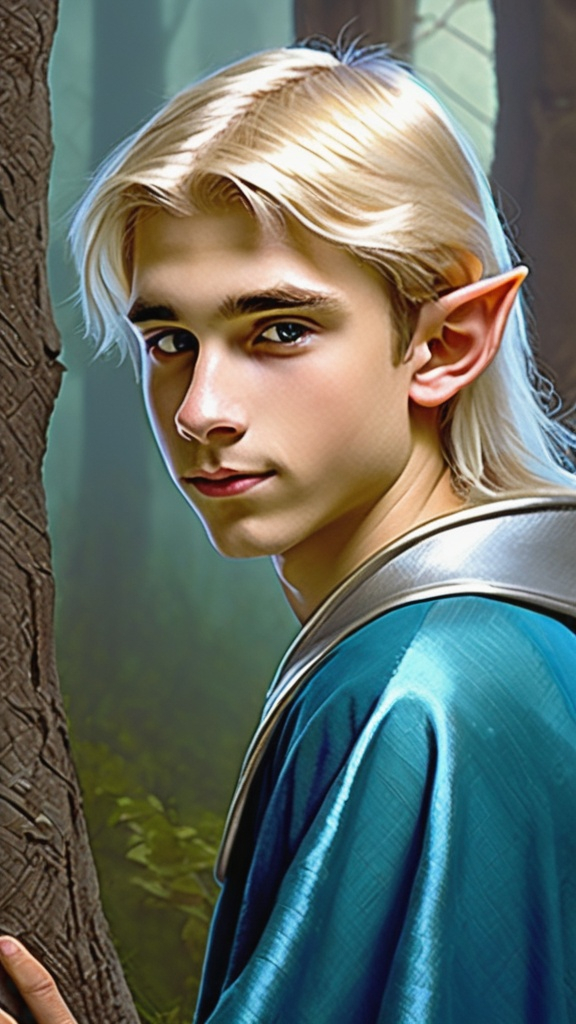 Prompt: book cover fine art painting, medieval fantasy teenaged elf boy, soft rounded face with friendly expression, light eyebrows, long blonde hair, pointed ears, silver robe with blue trim, fantasy forest
