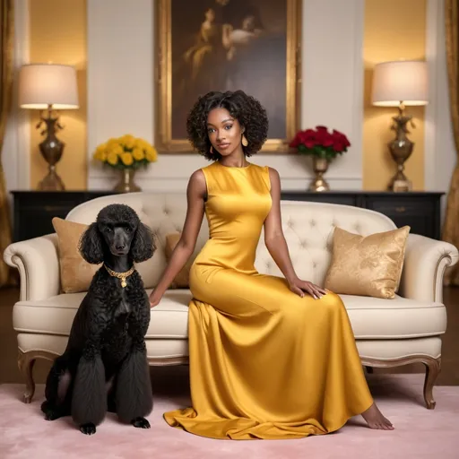 Prompt: a black lady dressed in yellow sitting on a sofa petting her black  poodle on the head.  the cocktail table has roses and the home looks big
