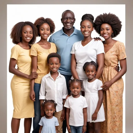 Prompt: Generate a realistic image of a happy African family of 7 with a 4 girls and a boy and daughter of 24 years old and a dad of 50 years old and mum of 45 years old 