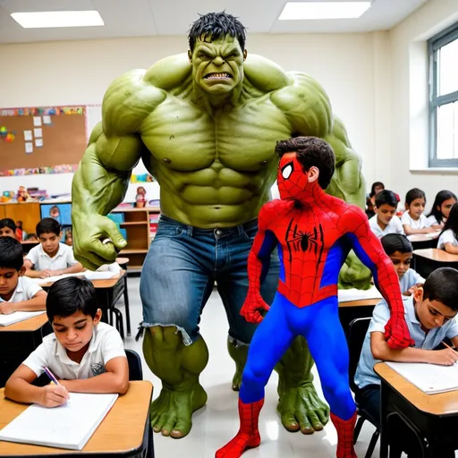 Prompt: Hulk y Spiderman estudiando en el colegio con niños