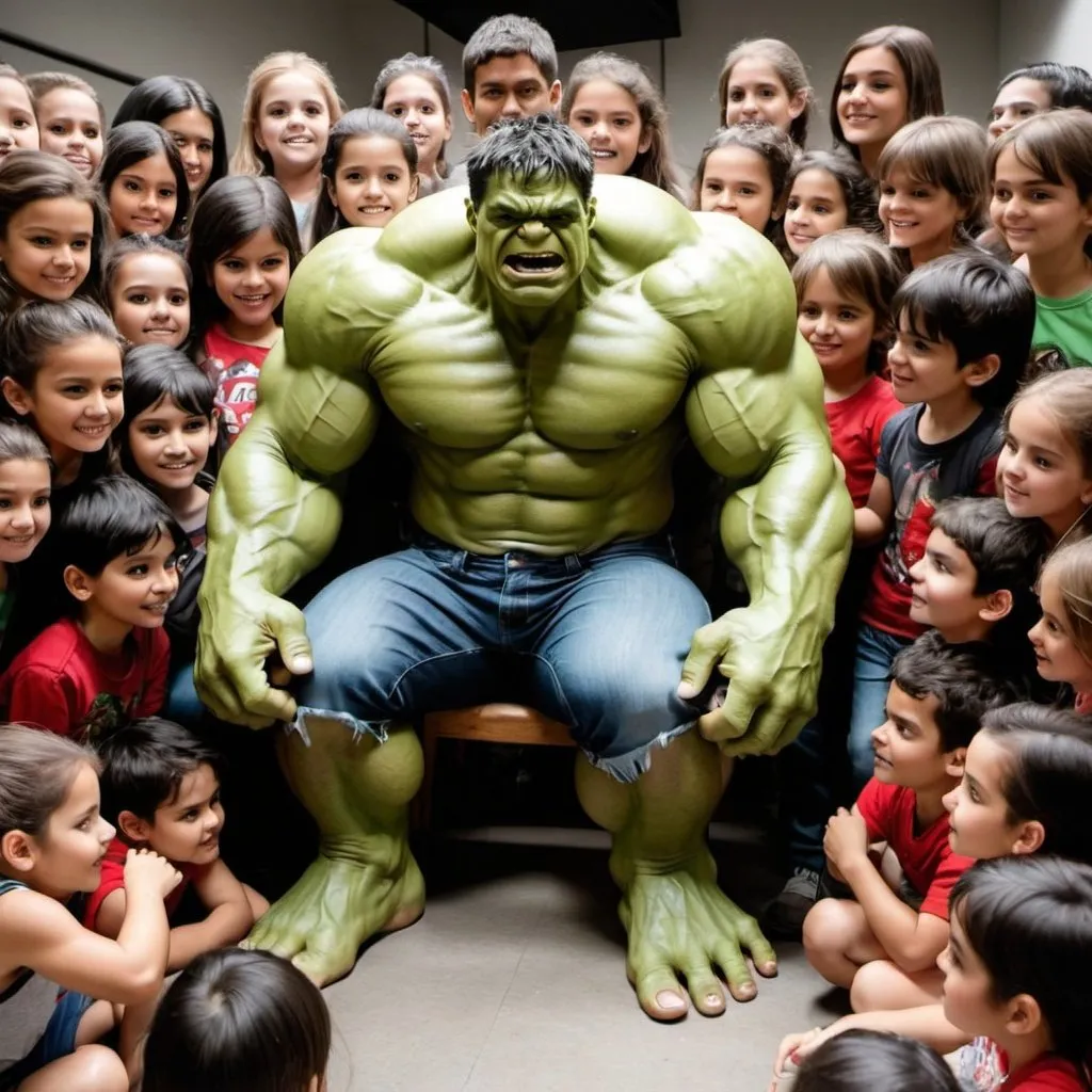 Prompt: Hulk con 25 niños en comic