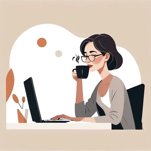 Prompt: Flat illustration of a professional laid-back woman drinking coffee with one hand while working on her computer laptop with the other. She is at an office. Use simple forms, simple shapes, vector, minimalism, use a pale color palette. Make it look freindly, it should give off a feeling of warmth and happiness.
