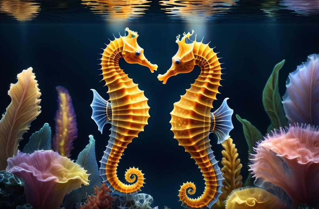 Prompt: Photorealistic, a couple of seahorses facing each other, left one is larger, their bodies made of cristal and look transparent. They are positioned on  the right side of the screen. In the deep blue dark sea, seaweed is visible, many colorful small fish around them, and a few rays of light from above.