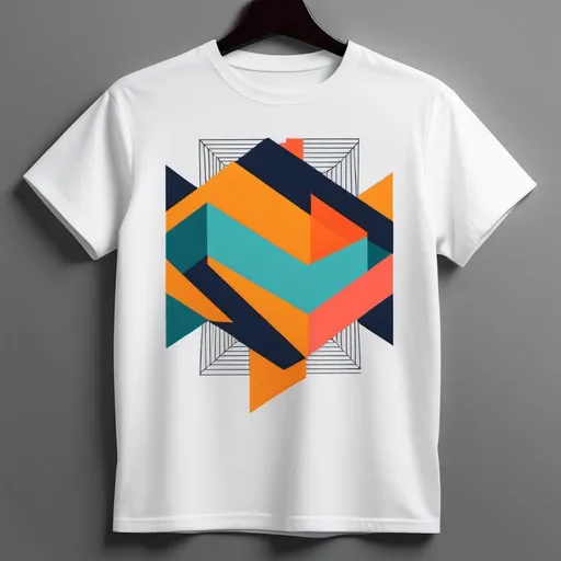 Prompt: T-shirt design featuring (geometric shapes), bold and vibrant colors, (dynamic patterns), minimalistic layout, (modern style), clean lines, visually striking composition, high contrast colors, exceptional detailing, suitable for both casual and formal occasions, (high-quality graphic), appealing and creative design, eye-catching aesthetic, unique visual experience.