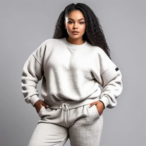 Prompt: I want to unique design for oversize body and make them slim from the cozy suit, textured pants set - Casual Patch Cable Textured Pants Set - Long Sleeve Crew Neck Sweatshirt & Jogger Sweatpants, Textured, Comfortable - Loungewear, Everyday Wear - Women, men - Stylish, Cozy, Versatile - Effortless Style! Unstoppable Comfort!

