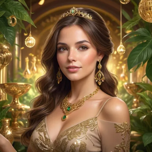 Prompt: (wealth and prosperity), confident American woman, (brown hair) flowing softly, (brown eyes) sparkling with success, elegant attire, luxurious jewelry, soft ambient lighting, grand opulent background, surrounded by symbols of wealth like gold accents and lush greenery, vibrant colors, (4K ultra-detailed), inspiring atmosphere, celebrating prosperity and affluence.