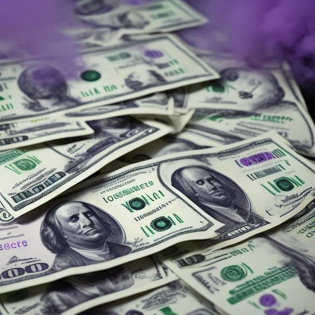 Prompt: Hundred dollar bills with SHOTTAZ shaping in purple smoke