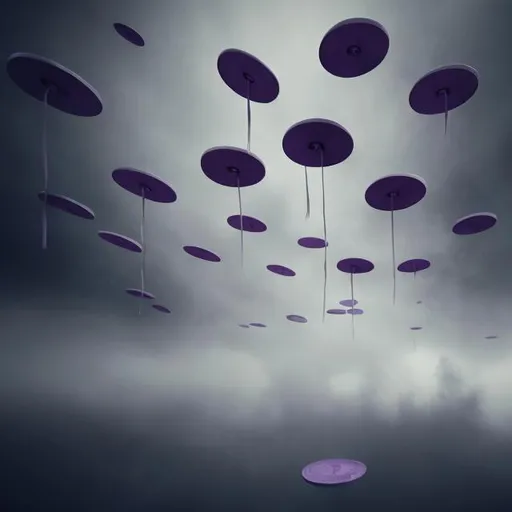 Prompt: Purple money falling into grey misty cloud, abstract, digital art, high quality, surreal, cool tones, atmospheric lighting, floating bills, surrealism, misty atmosphere, currency, flowing, dreamy, best quality, highres, ultra-detailed, abstract, surreal, cool tones, misty, currency, dreamy, atmospheric lighting