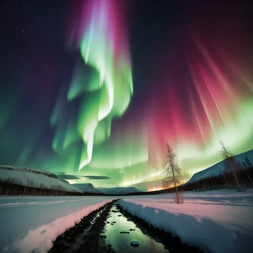 Prompt: a photo quality image of the northern lights above and the ground splitting open with hell fire bursting out below.