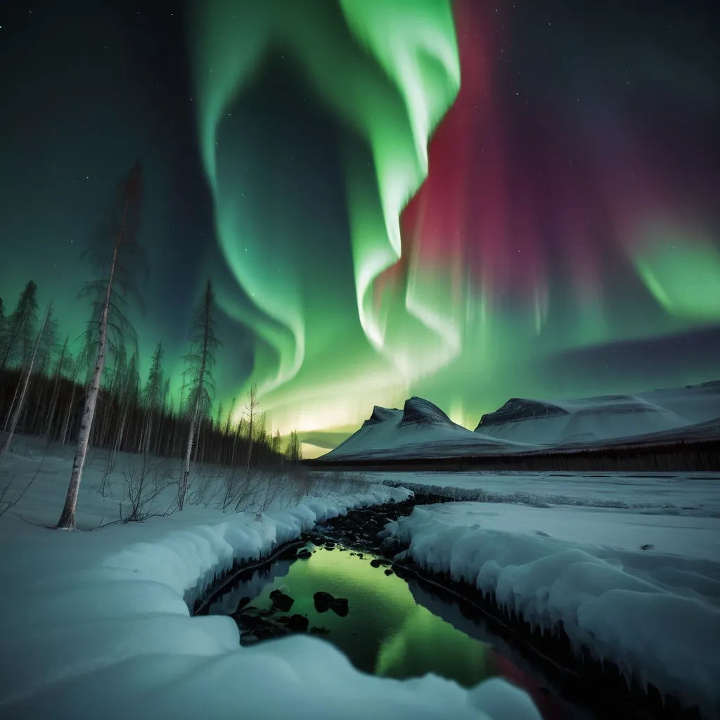 Prompt: a photo quality image of the northern lights above and the ground splitting open with hell fire bursting out below.