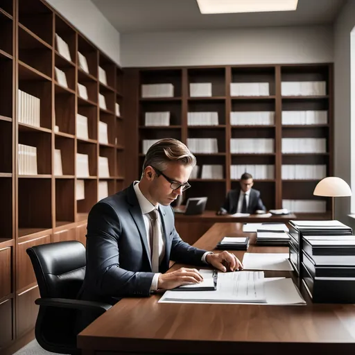 Prompt: A lawyer sitting at a polished wooden desk, intently working on his laptop, while his assistant files important documents into a filing cabinet in the background. The office is modern and minimalist, with shelves filled with legal books, soft lighting, and a large window offering natural light. The scene conveys professionalism, focus, and organization in a high-end legal office.