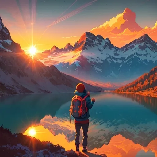 Prompt: a person with a backpack is looking at a lake and mountains in the distance with the sun setting in the distance, Dan Mumford, environmental art, josan gonzales and dan mumford, a storybook illustration