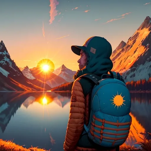 Prompt: a person with a backpack is looking at a lake and mountains in the distance with the sun setting in the distance, Dan Mumford, environmental art, josan gonzales and dan mumford, a storybook illustration