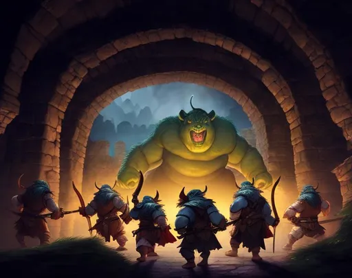 Prompt: A big fat orgre in the back commanding a line of 3 human sized goblins charging to the camrea in a ruined castle. Drawn in a fantasy artstyle 