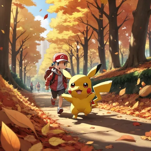 Prompt: A high-definition anime-style scene featuring Pikachu running alongside its trainer through a forest in autumn. The ground is covered with vibrant orange, red, and yellow leaves, creating a warm and nostalgic atmosphere. The trainer, wearing a cozy jacket and a red cap, is smiling as they sprint together. In the background, other Pokémon like Eevee and Charmander can be seen joyfully playing among the fallen leaves. The golden sunlight filters through the trees, casting long shadows and adding a soft glow to the scene, enhancing the classic Pokémon adventure vibe.