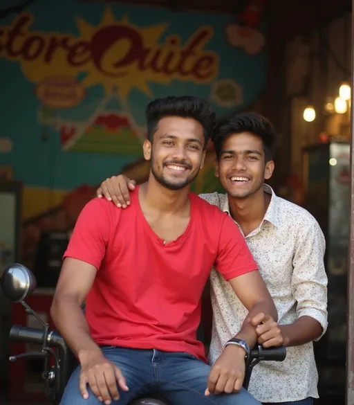 Prompt: Two young men pose together in a lively setting, exuding a sense of camaraderie and youthful exuberance. The one in front, wearing a bright red shirt, has a confident smile while casually sitting on a vehicle, demonstrating a relaxed demeanor. His companion, dressed in a patterned white shirt, stands closely behind, sharing a playful expression. The backdrop features a vibrant, painted sign that suggests a bustling location, possibly a shop or food stand, set in an indoor or semi-open space with dim lighting. The overall atmosphere is warm and inviting, highlighting their friendship amidst a lively environment.