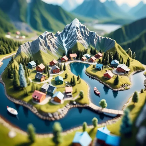 Prompt: aerial view, tilt-shift, isometric miniature world, detailed landscape world render with tiny houses and boats, mountains with lakes