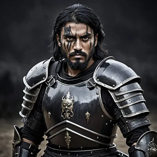 Prompt:  Human warrior with black hair and  black beard with a black plate armour and a dark expression on his face in a dark battlefiled background 