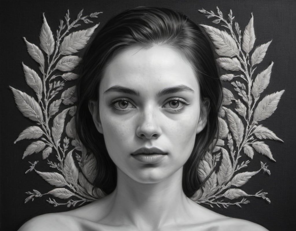 Prompt: please provide me with a concept for an artwork for an exhibit with the theme 'Milk'. the work should be based around a female charcoal portrait, include delicate embroidered background.

