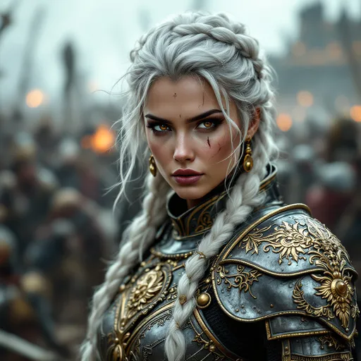 Prompt: Danica, grande et belle sororitas en armure. Armure détaillée avec décorations impériales. Cheveux Blancs, yeux marrons, cicatrice à la lèvre.  Regard déterminé. Sur fond de combat. Réaliste. Beauté. 4k. Grimdark, warhammer 40k