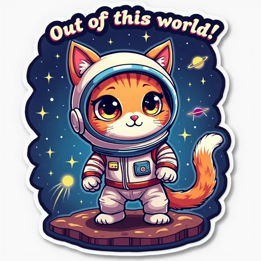 Prompt: Awesome! A cosmic cat sticker sounds like it would turn out amazing! Imagine the cat with big, curious eyes, a fluffy tail, and that space suit looking all futuristic but with a cute twist. The starry background could have some glowing planets and shooting stars, and maybe even a cute UFO in the distance. "Out of this world!" could be curved along the top in a dreamy, nebula-like font.