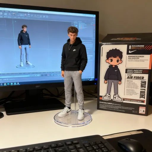 Prompt: Create a 1/7 scale commercialized figurine of the characters in the picture, in a realistic style, in a real environment. The figurine is placed on a computer desk. The figurine has a round transparent acrylic base, with no text on the base. The content on the computer screen is a 3D modeling process of this figurine. Next to the computer screen is a toy packaging box, designed in a style reminiscent of high-quality collectible figures, printed with original artwork. The packaging features two-dimensional flat illustrations. The packaging is describing the figure in English.