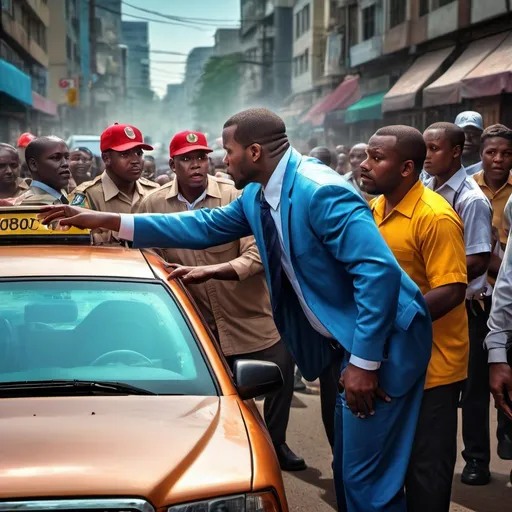 Prompt: Uber driver harassed by Nairobi City County officials, intense confrontation, city street scene, Nairobi urban setting, realistic digital art, bright and vibrant color tones, dramatic lighting, high quality, realistic, intense confrontation, city street, Nairobi, officials, Uber driver, harassment, dramatic lighting, realistic digital art, bright colors, urban setting