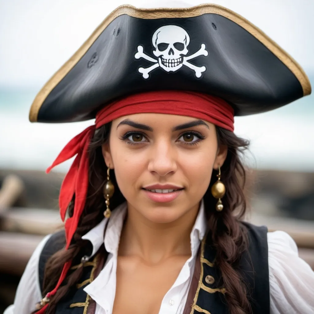 Prompt: cute latin woman pirate ,  nice look, close up