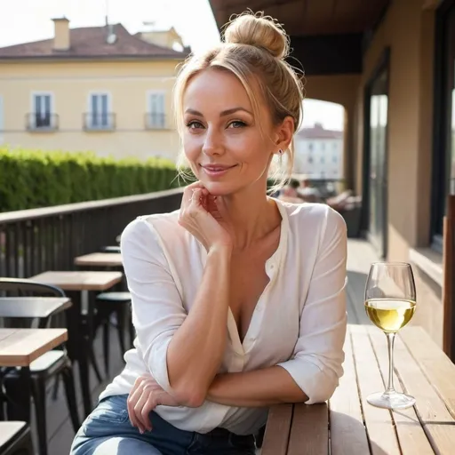 Prompt: cute woman  , 35 years old, skinny jean, blond hair bun , sitting on terrace of bar, sun shining, drinking white wine, wellcoming