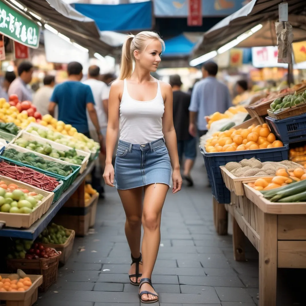 Prompt: cute woman , 30 yeard old, blonde pony tail hair, mini skirt jean, walking in  market, full body, full body, flat sandal