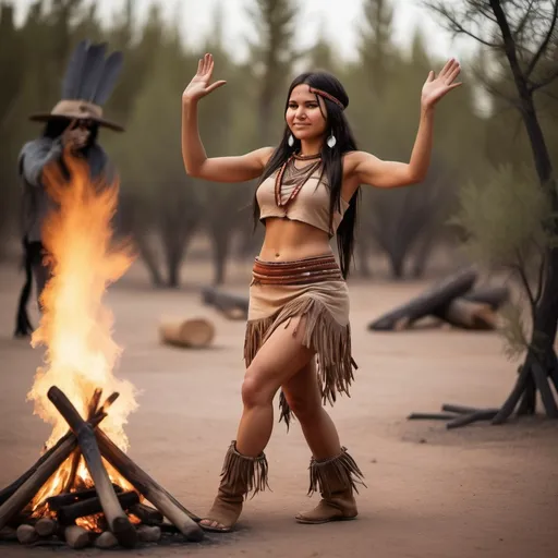 Prompt: cute woman apache full body, dancing round a fire