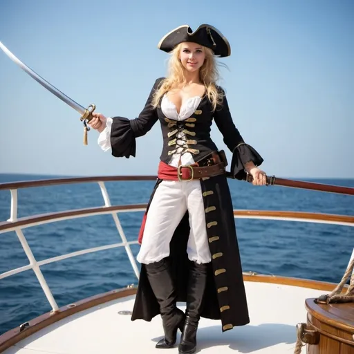 Prompt: cute  blond pirate woman  ,  wellcoming, standing on deck  of boat , full body, handing saber, 