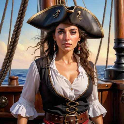 Prompt:  Spanish woman pirate with brown eyes, detailed facial features, oil painting, white pirate short blouse, black hat, rugged pirate ship background, 4k, realistic, historic, vibrant colors, dramatic lighting, oil painting, detailed facial features, standing full body on deck of sailing pirate ship, vibrant colors, dramatic lighting, realistic, high quality, full body
