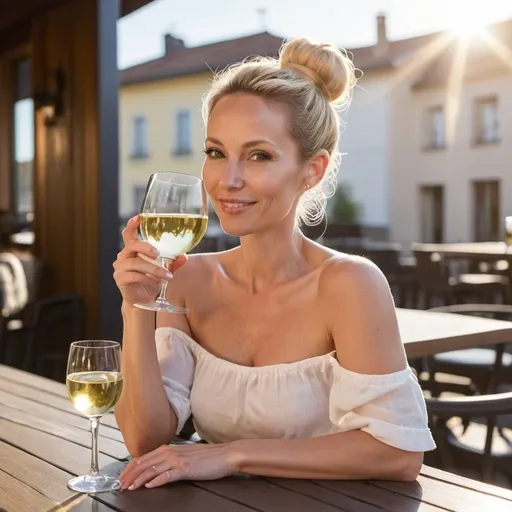 Prompt: cute woman  , 35 years old, bare shoulders, skinny jean, blond hair bun , sitting on terrace of bar, sun shining, drinking white wine, wellcoming