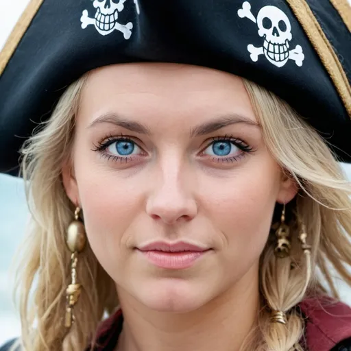 Prompt: cute blond woman pirate , blue eyes , close up