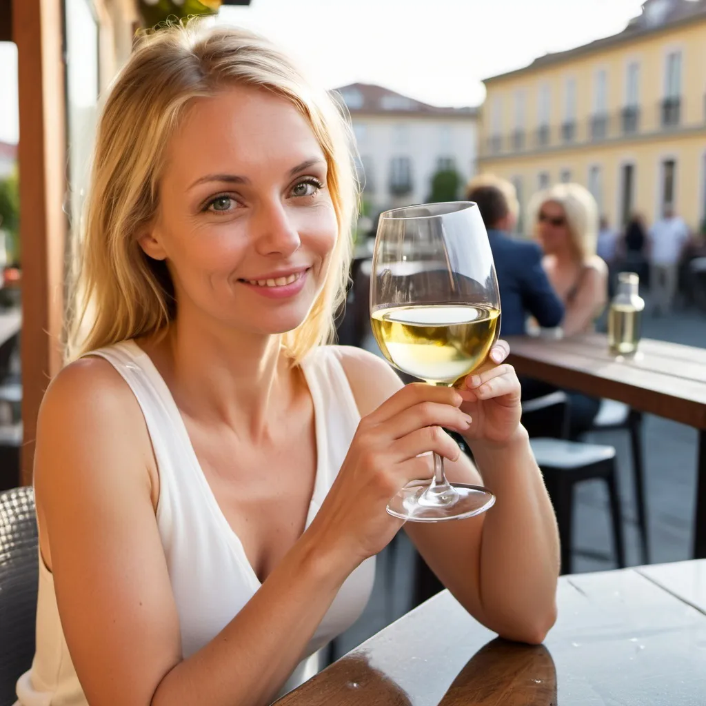 Prompt: cute blond woman, 30 years old, drinking white wine , at terrace of bar