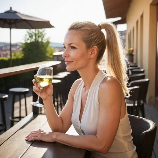 Prompt: cute woman  , 38 years old, pony tail blond hair, sitting on terrace of bar, sun shining, drinking white wine