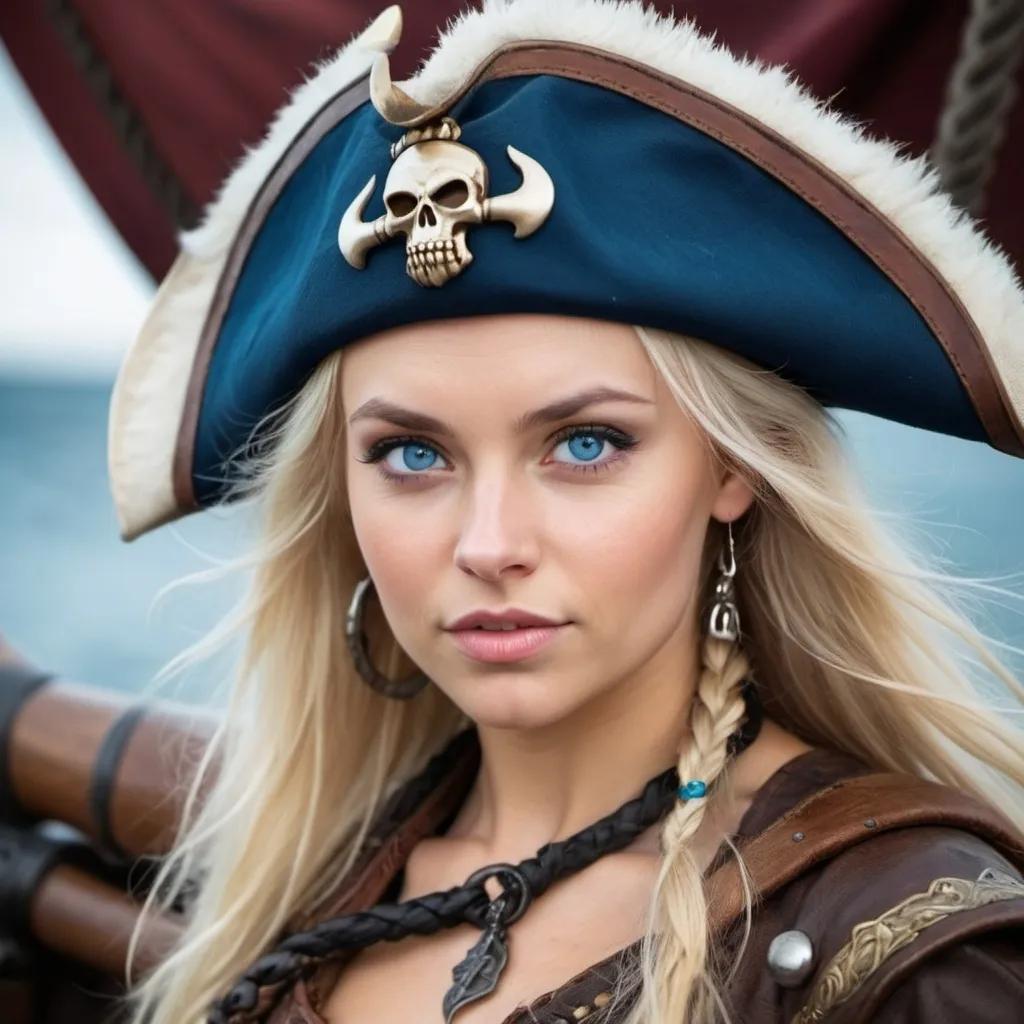 Prompt: cute viking blond woman pirate , blue eyes , on drakkar