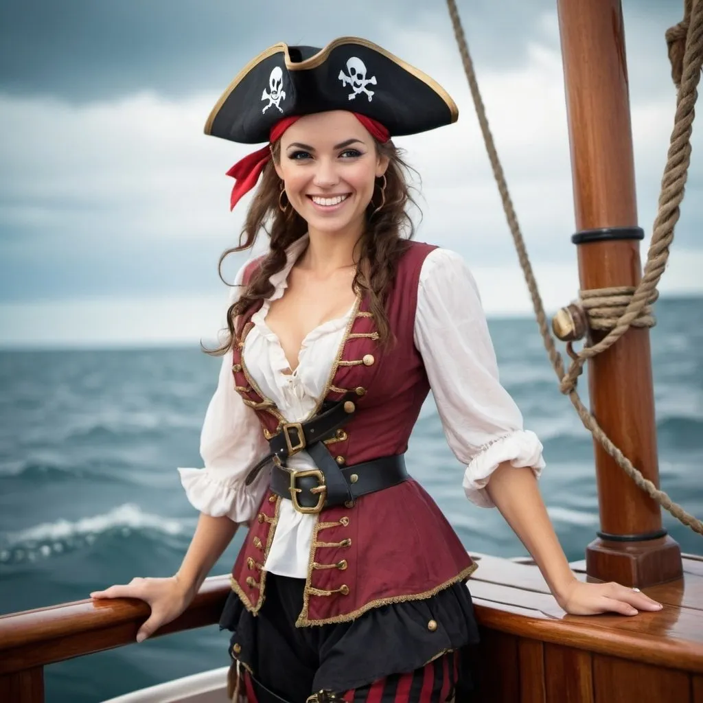 Prompt: cute pirate woman , smiling, on deck of boat in tempest, full body