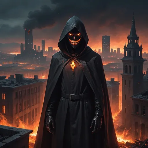 Prompt: a dark cloaked unknown figure with fiery gaze and a sharp evil smile and an abandoned dark city in the background