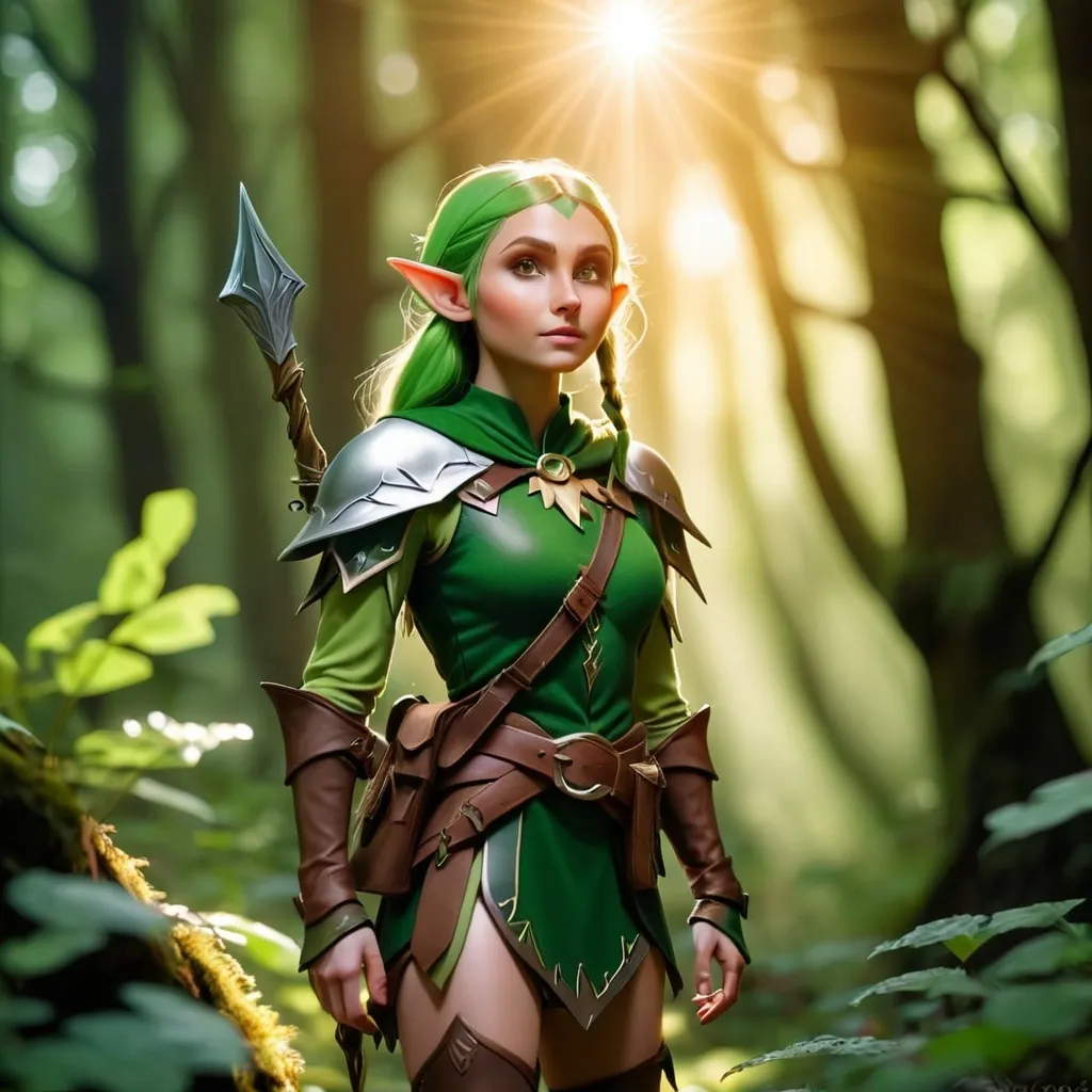 Prompt: Elf ranger in a mystical forest around sunlight