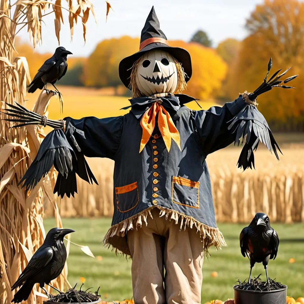 Prompt: A scarecrow with crows on it