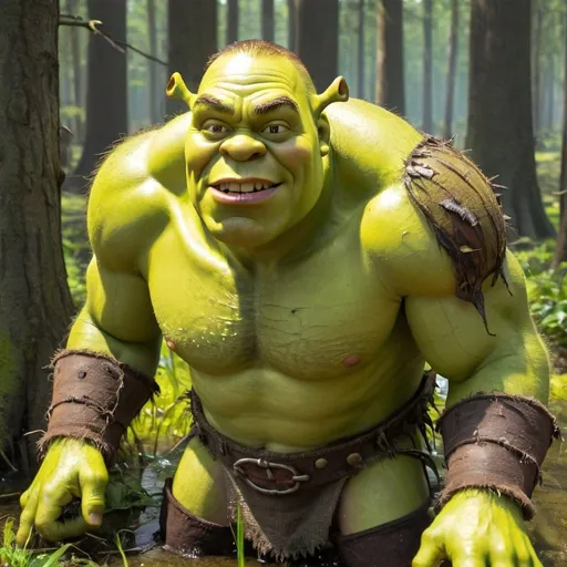 Prompt: Shrek in his swamp being a predator