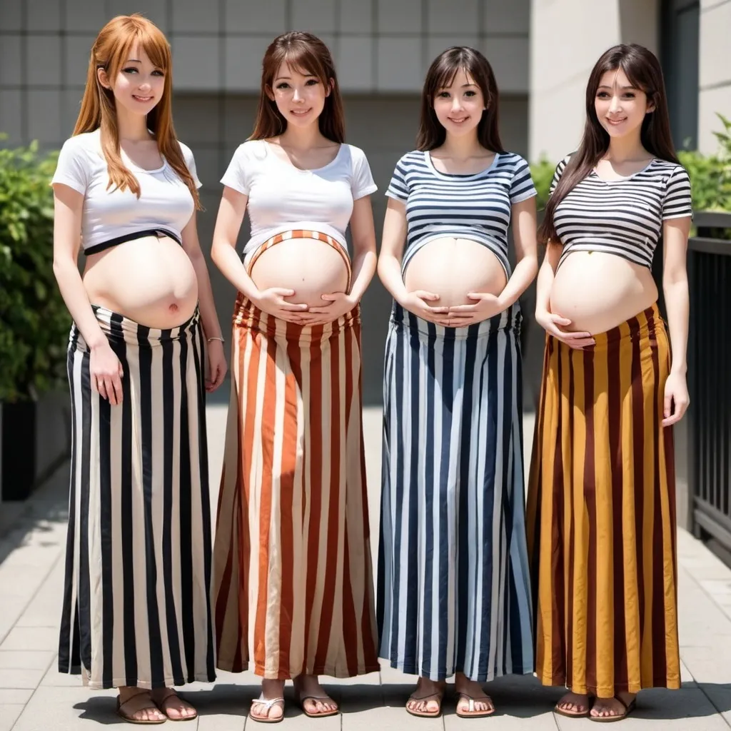 Prompt: Multiple pregnant anime girls wearing maxi long vertical striped skirts.